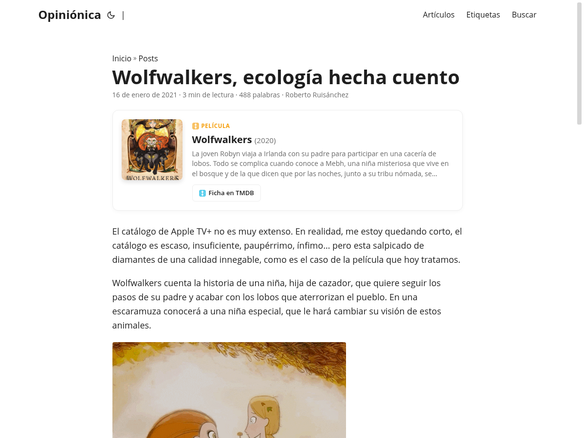 Cuadro de enlaces y ficha técnica en un artículo de Opiniónica